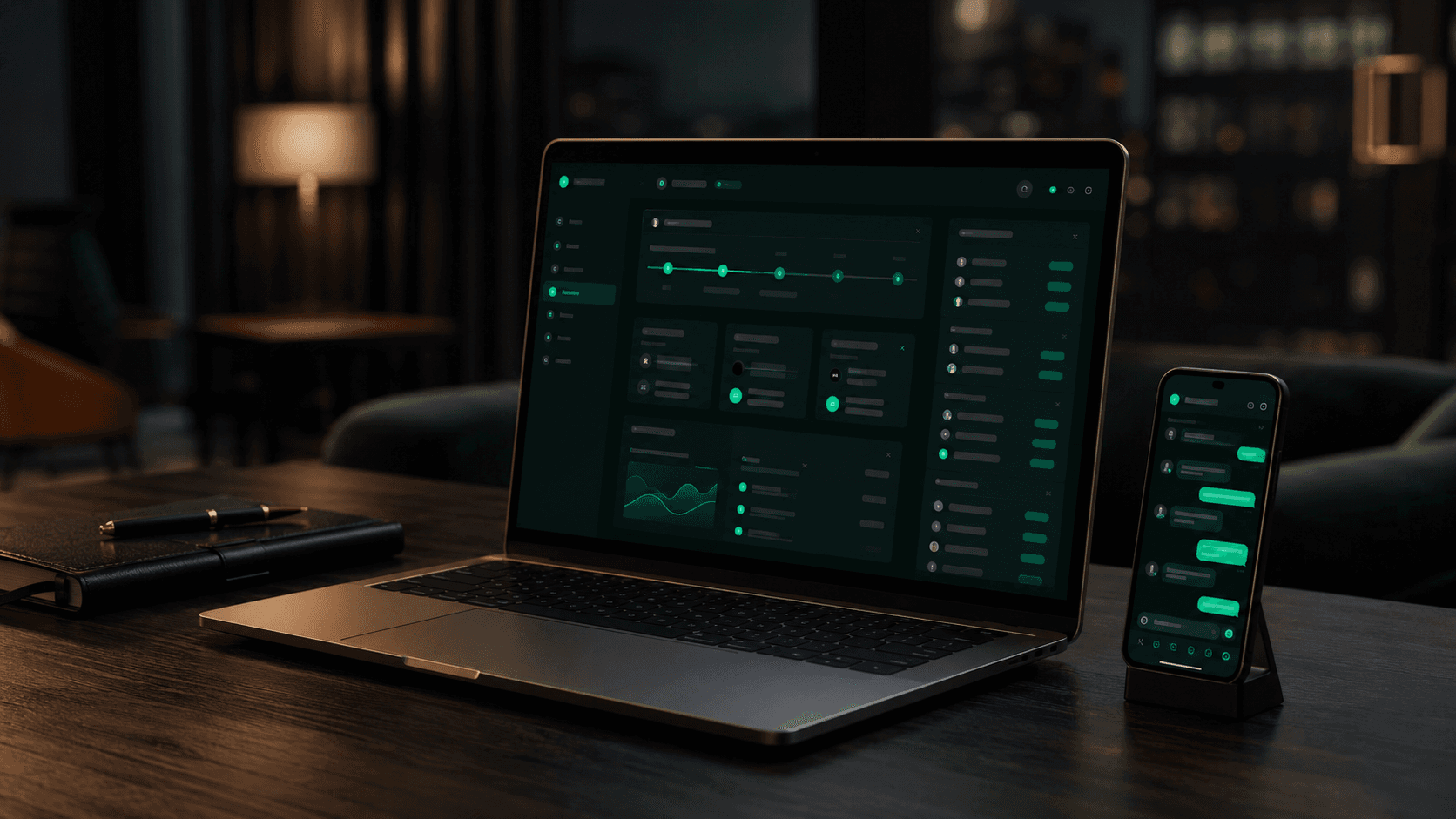 Interface da tecnologia desenvolvida pela Zyoner funcionando em notebook e smartphone.